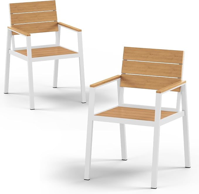 Vexwalx Outdoor Dining Chairs Set of 2, HDPS + Aluminum Patio Dining Chairs with Ergonomic Design and Wide Seat, 2 Piece Outdoor Chairs for Garden, Backyard, Deck (White-Teak) by Vexwalx