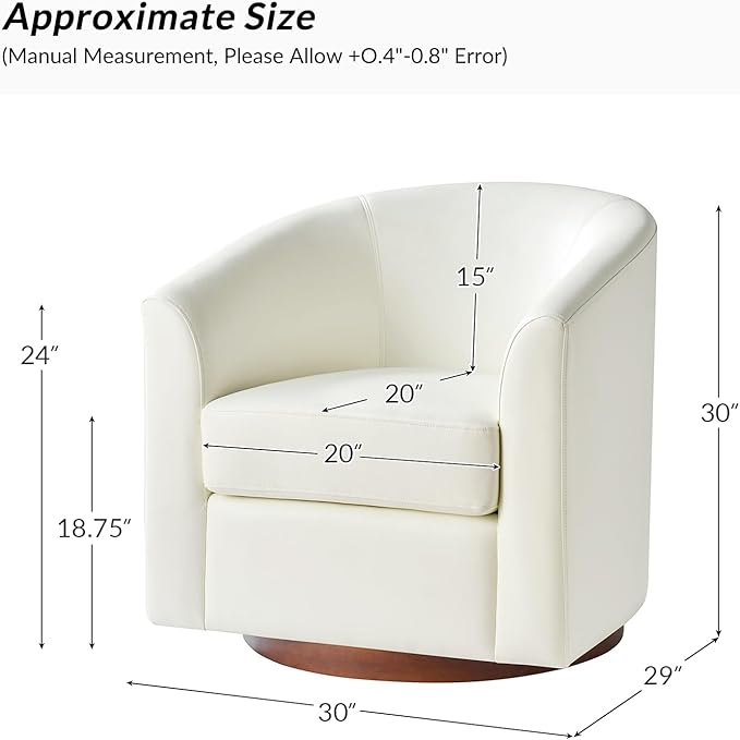 HULALA HOME Faux Leather Swivel Accent Chair with Solid Wood Base, Round Swivel Barrel Chair for Living Room and Bedroom, White