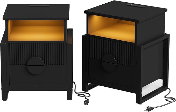 LGHM Set of 2 Fluted Nightstand with Charger Station Strip Lights, 20.47" W Night Stand with 2 Drawers, Large Accent Bed Side Table and End Table, Large Open Cubby, Raising H Legs,Black by WelcometoLGHMHome