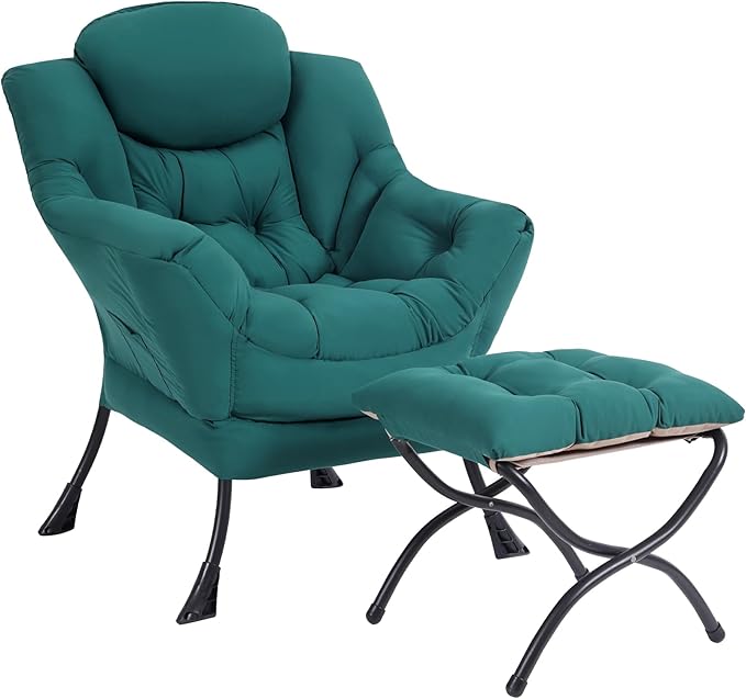 Lazy Chair with Ottoman, Modern Accent Chair Contemporary Sofa Chair with Armrests, Reading Chair and Folding Footstool Set for Living Room, Bedroom, Office