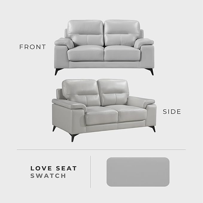 Lexicon Leather Loveseat Sofa, Modern Couch Sofa, Oversized Loveseat, Top Grain Leather Couch for Living Room, Bedroom, Office, Apartment, 2-Seater Loveseat, Silver Gray