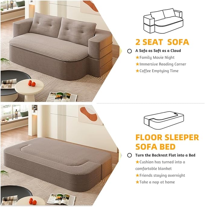 78.7" Convertible Sofa Bed, 2-in-1 Folding Floor Couch with 2 Pillows and Blanket, Plush Corduroy Fabric Sleeper Sofa for Living Room and Bedroom, No Assembly Required (Coffee)