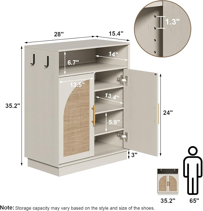 HOKYHOKY Rattan Shoe Storage Cabinet with 2 Arched Doors, 5-Tier Deep Shoe Organizer with Adjustable Shelves, Farmhouse Boho Shoe Rack Cabinet for Entryway, Rustic White - Image 2
