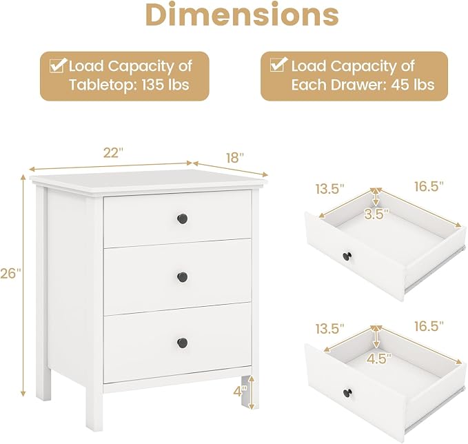 KOMFOTT 3 Drawers Nightstand Set of 2, Wooden Bedside Table, Modern Sofa Side End Table, Space-Saving Telephone Table, Chest of Drawers for Living Room, Bedroom & Office (White) - Image 3