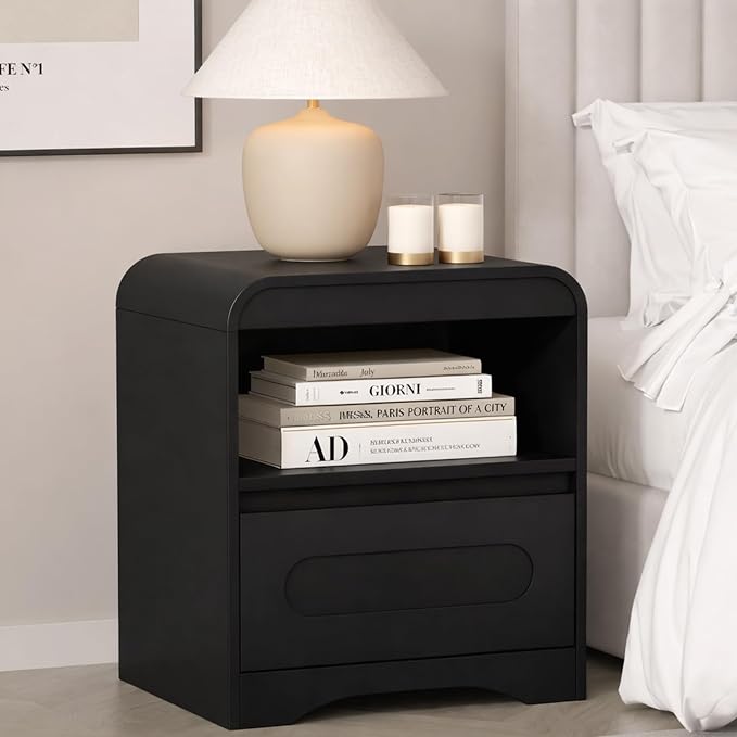 Night Stand with Drawers, Wood Nightstand, Bedside Side Table with Open Storage, Curved Corners, Hidden Handle, Modern Night Stands End Table for Bedroom Sofa Couch Office (Black) by SOLACEFURNITURE