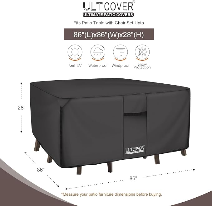 ULTCOVER 600D Tough Canvas Heavy Duty Square Patio Table and Chair Cover - Waterproof Outdoor General Purpose Furniture Covers 86 inch, Black - Image 2