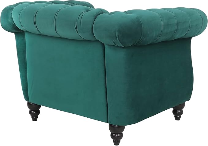 LEVNARY Velvet Chesterfield Chair, Mid-Century Modern Single Sofa Chair with Button Tufted Backrest and Nailhead Decor, Tufted Upholstered Rolled Armchair for Home Bedroom Reading Room (Green)