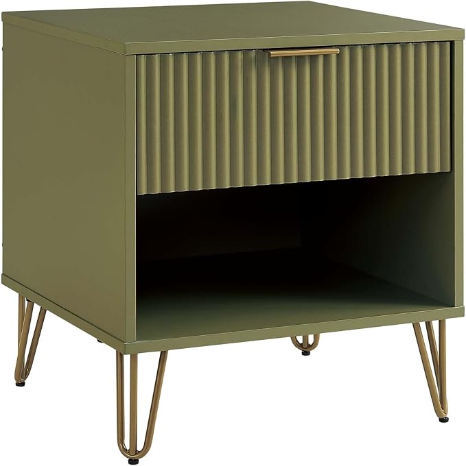 Manhattan Comfort Dumbo Modern Nightstand 1.0 with 1 Drawer and Metal Feet | Splayed Gold Legs | Vertical Ribbed Design | No Tool Assembly Storage for Bedroom & Living Room, Set of 2, Olive Green - Image 8