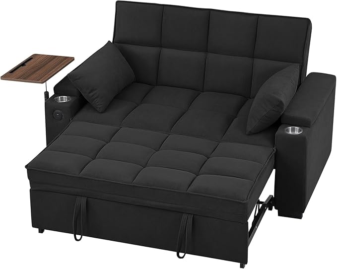 Eafurn Convertible Sleeper Sofa Bed with 360° Swivel Table & USB Ports, Tufted Chenille Loveseat Pull-Out Couch with Storage Armrest & Cup Holders, 6-Level Adjustable Backrest