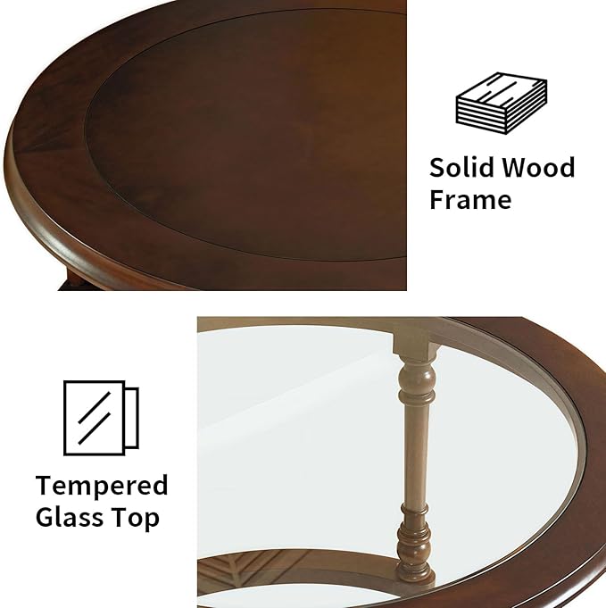31.5'' Glass Top Round Coffee Table with Storage, Solid Wood and MDF Fluted Coffee Table Set of 2 for Living Room Office, Brown