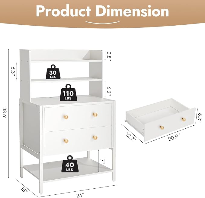 24 Inch Wide Night Stand, Large Wooden Night Stand with 2 Adjustable Drawes, Tall Nightstand with 4-Tier Shelves and Charging Station, Bedside Table for Living Room/Bedroom/Office, White. - Image 2