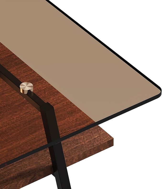 IANIYA Glass Coffee Table for Living Room Small Gold Mid Century Coffee Table for Living Room with Wood Shelves (Black Frame, Brown Glass + Brown Wood)