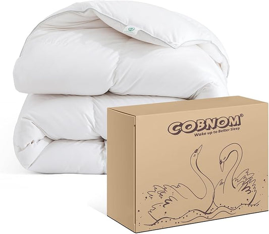 Cobnom® Feather and Down Fibres Comforter Oversized Queen - 100% Organic Cotton, Quill-Free & Ethical, Luxury All Season Duvet Insert (White, 98x98 Inches)