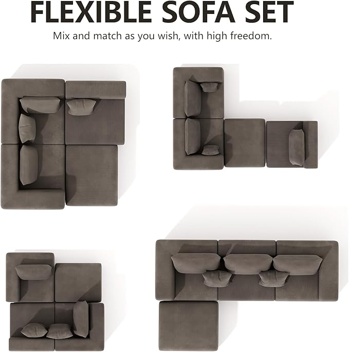 108‘’ L-Shaped Modular Sectional Couches for Living Room Bedroom, Oversized 3 Seater Sofa Boneless with Deep Seat, Ottoman No Assembly (Brown)