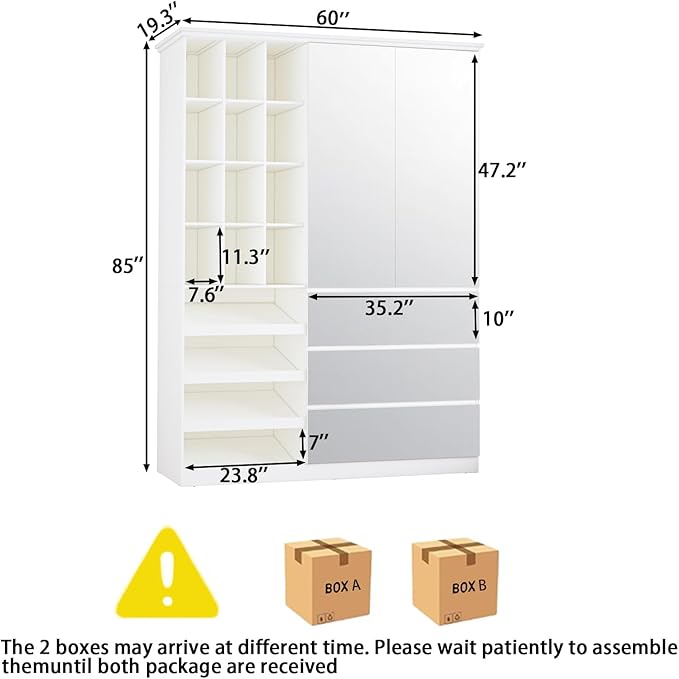 Mirrored Wardrobe Closet with Shoe Cabinet Storage, White Armoire with Shelves and 3 Drawers, Modern Clothes Storage Cabinet with Hanging Rod for Bedroom Guest Room