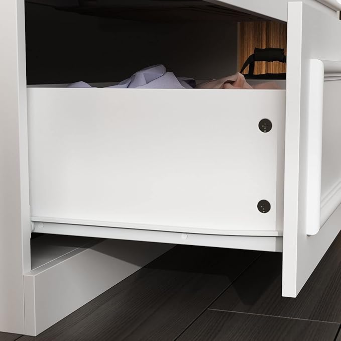 FAMAPY 2 Glass Door Wardrobe with 3 Drawers, Armoire Wardrobe with Hanging Rod, Gold Metal Handles, Closet for Bedroom White (31.7'W x 19.3'D x 74.9'H)