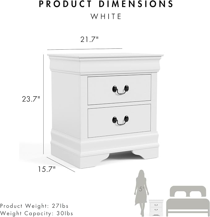 Furniture of America Arabella Traditional Solid Wood Nightstands Set of 2, Bedside Table with Drawers and Antique Nickle Handles, No Assembly Wooden Night Stands for Bedrooms, Guest Room, Dorm, White - Image 3