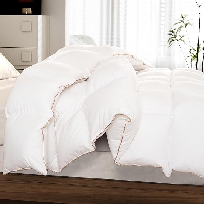 Puffy White Feather Comforter Oversize King with Feathers Down Fiber Filled, All Season Feather Duvet Insert, 100% Cotton Luxury Hotel Collection, 8 Corner Loops