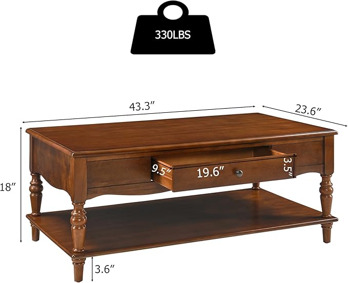 Living Room Table Set-One Rectangular Coffee Table and Two Square End Tables with Storage Drawer, Elegant Vintage Sofa Center Table with Wood Carved legs, No-Tools Assembly, Caramel Brown KFZ-CJZ-C008