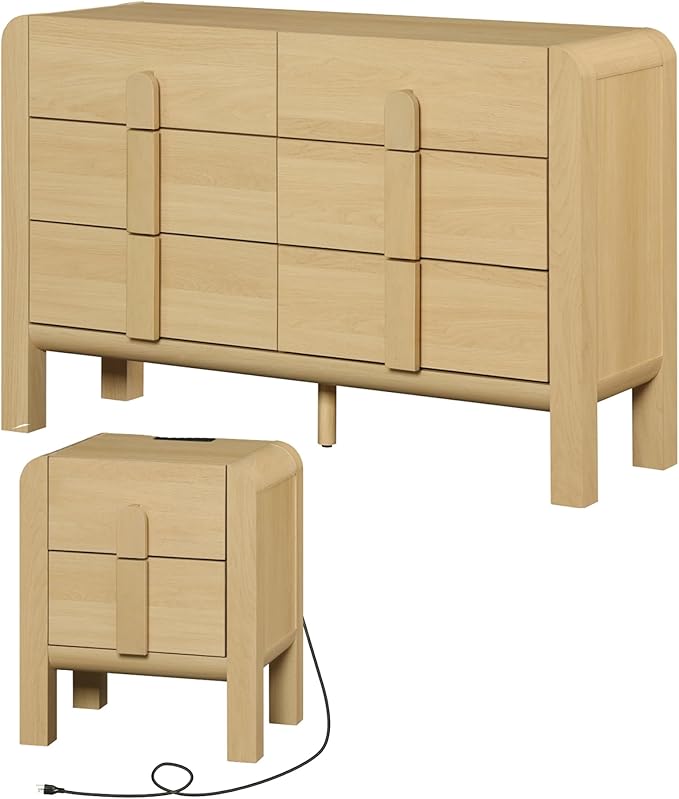 WAMPAT Dresser and Nightstand Sets, 47.2" W Mid Century Modern Chest of Drawers, Wood 6 Drawer Dresser & Nightstand with Charging Station, Curved Profile Design (Oak, 2 PCS)