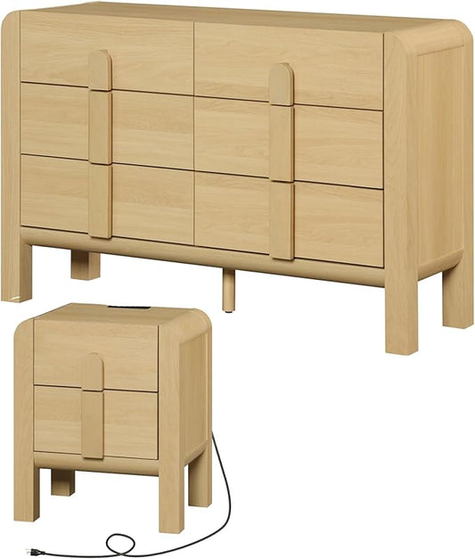 WAMPAT Dresser and Nightstand Sets, 47.2" W Mid Century Modern Chest of Drawers, Wood 6 Drawer Dresser & Nightstand with Charging Station, Curved Profile Design (Oak, 2 PCS)