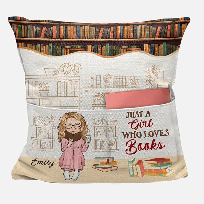 Custom Pocket Pillow, Personalized Bookish Gifts for Book Lovers, Booknerds, Bookworms, Just A Girl Who Loves Book, Books Themed Gifts for Women, Librarian Gift for Women Teacher Students