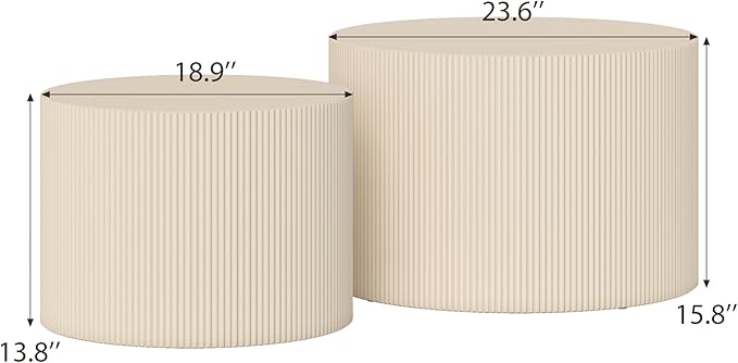 Round Coffee Table Set of 2, Modern Wooden Beige Nesting Tables for Living Room, No Assembly Required Circle Side Tables Set Accent End Table for Bedroom, Balcony