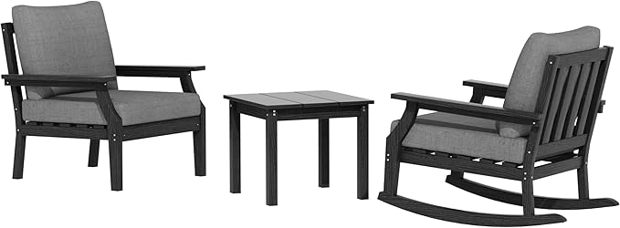 HDPE Patio Conversation Set, 3-Piece All Weather Outdoor Furniture Set with 1 Single Sofa，1 Rocking Sofa for Deck, Lawn, with Cushion, Black