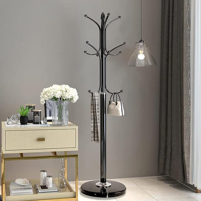Kertnic Metal Coat Rack Stand with Natural Marble Base, Free Standing Hall Tree with 12 Hooks for Hanging Scarf, Bag, Jacket, Home Entry-way Hat Hanger Organizer (Black) - Image 2