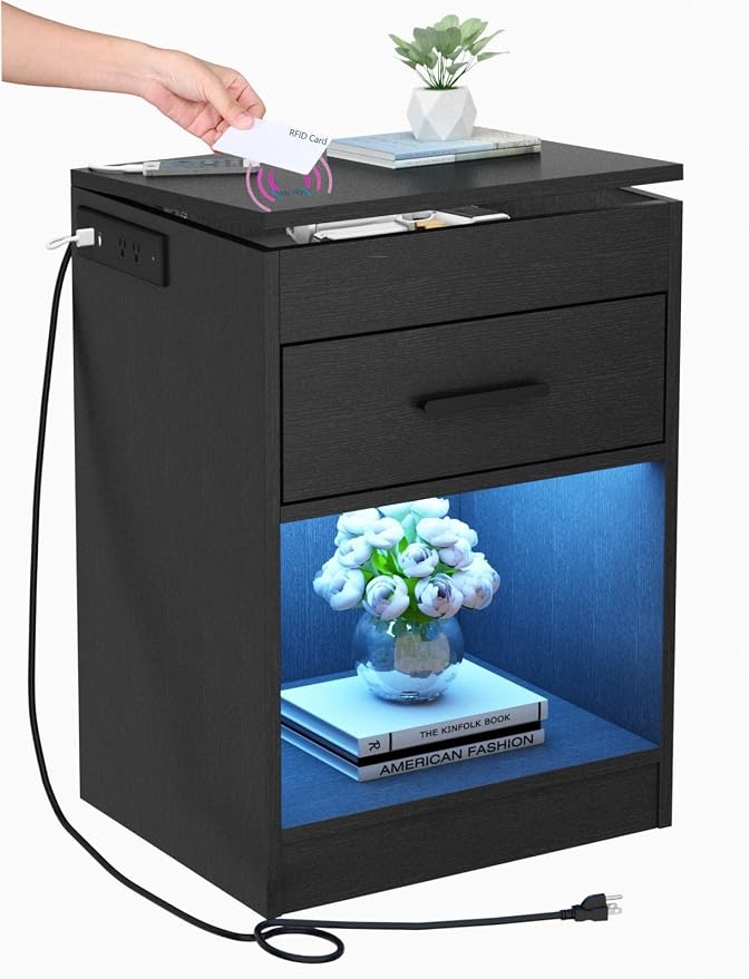 Auromie Nightstand with Charging Station and LED Lights, Concealment Furniture with RFID Lock Cabinet and Power Outlets, Bedside Table with Hidden Compartment for Valuables Storage, Black by AuromieDirect