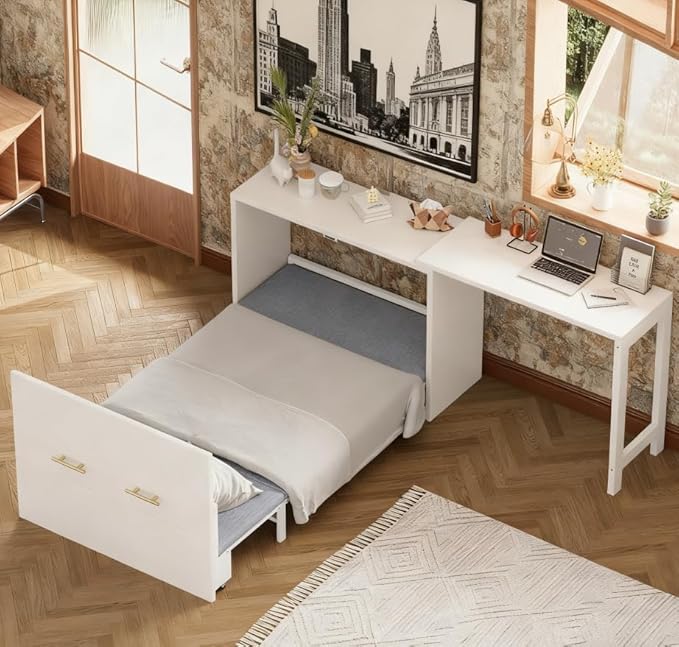 Bellemave Twin Size Murphy Bed, Cabinet Bed with Desk, Farmhouse Murphy Cabinet with Desk, Noisy Free, for Guest Bedroom, Living Room, Office, White