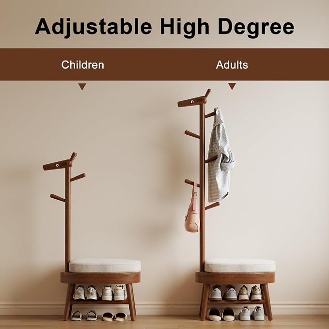 AQIMUELE Entryway Shoe Rack with Coat Rack, Wooden Shoe Bench with Upholstered Cushion, 3-in-1, 2-Tier Shoe Storage and Cute Animal Hooks for Entryway, Hallway, Closet (Walnut 24.4") - Image 7