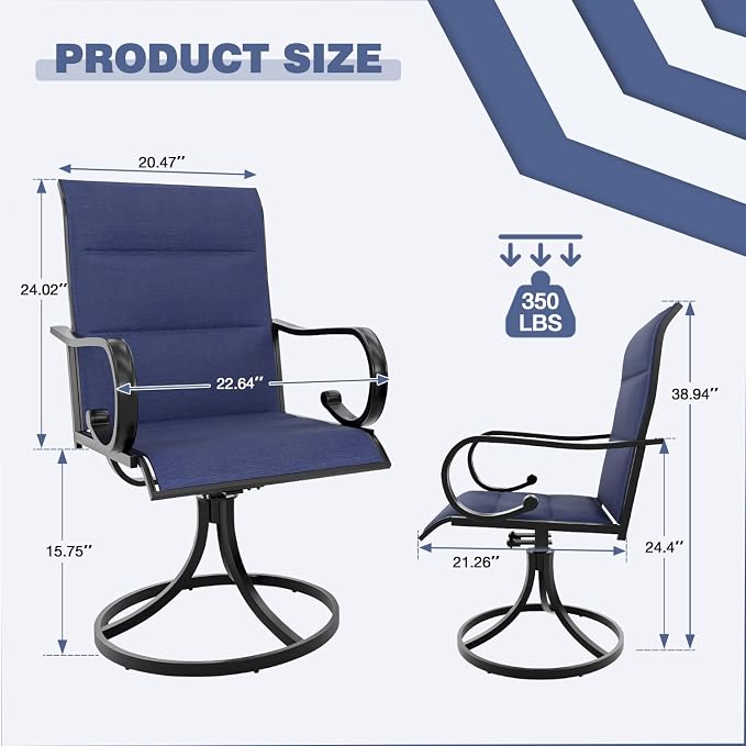 MELLCOM Swivel Outdoor Chairs Set of 8, High Back Padded Textilene Patio Dining Chairs with E-Coating Metal Frame, All-Weather Outdoor Furniture Rocker for Backyard, Porch, Garden, Lawn, Blue - Image 3