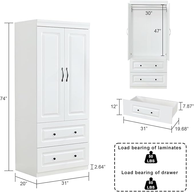 Armoire Wardrobe Closet: Wood White Bedroom Armoire Storage Cabinet for Large Capacity with 2 Doors, Tall Armoire and Wardrobe Closet with 2 Drawers & Hanging Rail