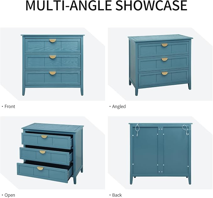 31.5" Wide Wood Nightstand with 3 Drawers, Modern Storage Cabinet with Solid Wood Legs & Golden Handles, Large Accent Table for Bedroom, Blue, 2 PC - Image 9