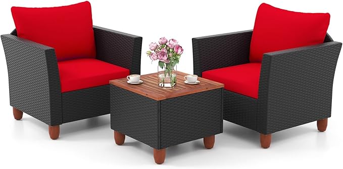 ORALNER 3 Pieces Patio Furniture Set, Outdoor Wicker Conversation Chairs with Cushion, Acacia Coffee Table, Rattan Bistro Set for Balcony Garden Backyard Front Porch Poolside (Red)