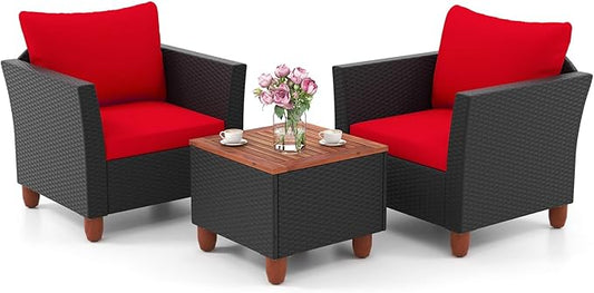 ORALNER 3 Pieces Patio Furniture Set, Outdoor Wicker Conversation Chairs with Cushion, Acacia Coffee Table, Rattan Bistro Set for Balcony Garden Backyard Front Porch Poolside (Red)