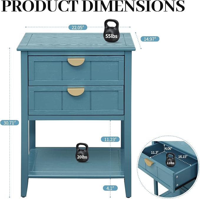Blue Wood Nightstand with 2 Drawers and Open Shelf, Modern Bedside Table with Solid Wood Frame and Golden Handles, Narrow Wooden Side Table for Bedroom, 1 PC - Image 2