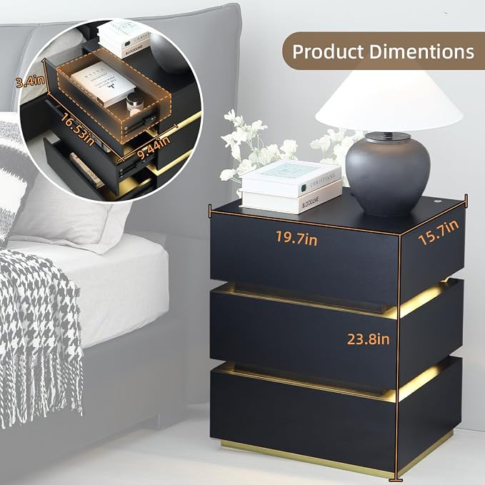 Black Nightstand, LED Bedside Table with 3 Storage Drawers, Modern End Table with Charging Ports & Outlets, Bedside Tables for Living Room/Bedroom - Image 3