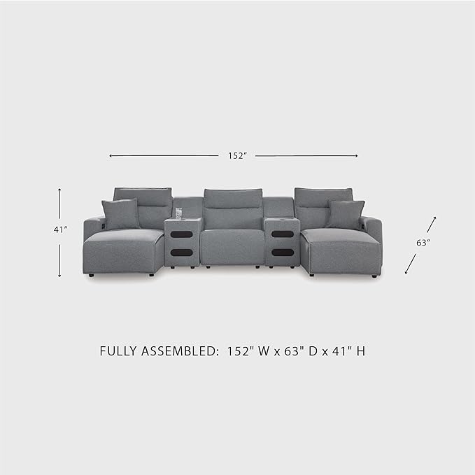 Signature Design by Ashley Modern ModMax II Stain Resistant U-Shape Symmetrical 5-Piece Power Reclining Sectional with Chaise, Built-in Audio Console and Adjustable Headrest, Gray