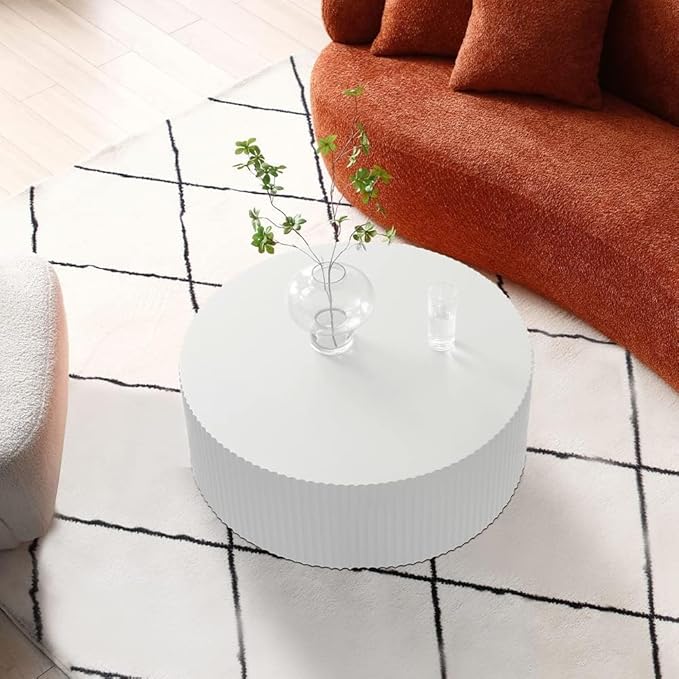 White Round Drum Coffee Table Modern Large Round Coffee Table Wood Side Table for Living Room Office Apartment