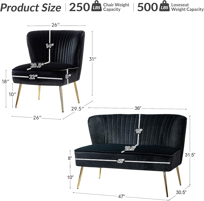 HULALA Home 3 Piece Velvet Living Room Furniture Set, Modern Comfy Upholstered Chair Set with Golden Legs, Include Loveseat & 2 Accent Chairs for Bedroom, Black Tufted 2-Seater Sofa & Armless Chairs