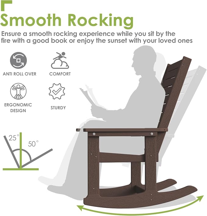 GREENVINES Outdoor Rocking Chair Set | 3-Piece | Dark Brown Wood Grain | 2 Rocking Chairs with 1 Side Table | Porch Rocker | HDPE Plastic | Patio Furniture Sets - Image 6