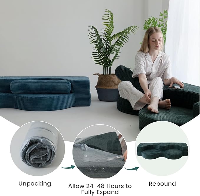 75" Folding Sofa Bed Convertible Futon, Twin Size Sleeper Couch, Washable Velvet Corduroy Cover & High-Density Foam, 2-in-1 Floor Mattress, No Assembly for Living Room/Dorm Green