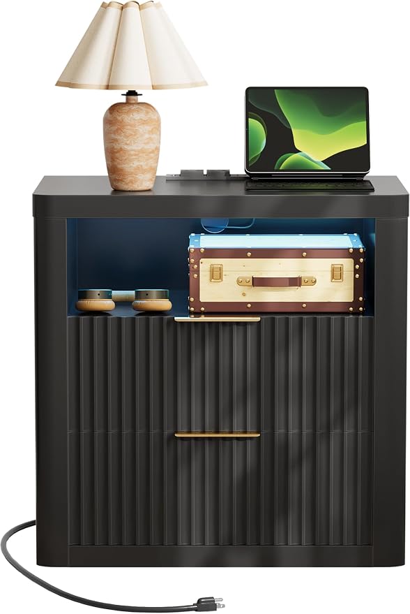 YESHOMY Fluted Nightstand with Charging Station,24" Night Stand with 2 Drawers and Storage Shelf,RGB LED Lighting,Arc Edge Fluted Bedside Table for Bedroom,Black by SearchallYESHOMY