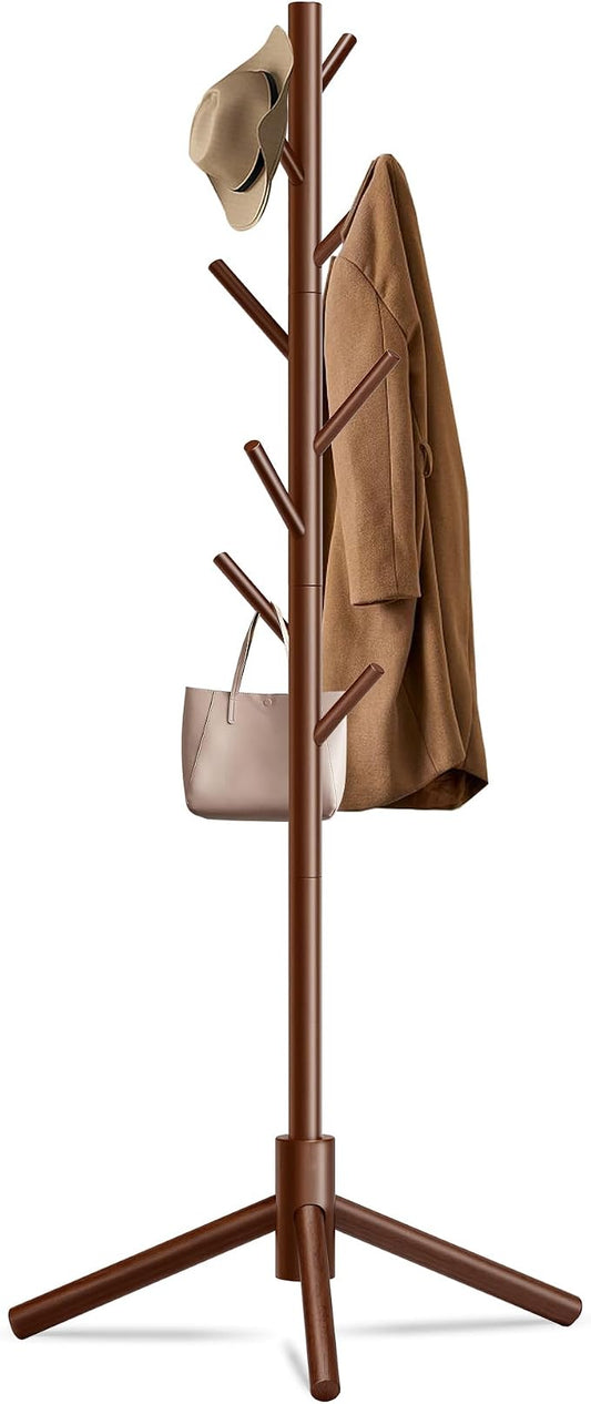 Unisakey Durable Wooden Coat Rack, Freestanding Coat Rack with Stable Triangular Base, 8 Hooks & 3 Adjustable Heights, Simple Assembly for Bedroom, Hallway, Office(New Brown) by Unknown