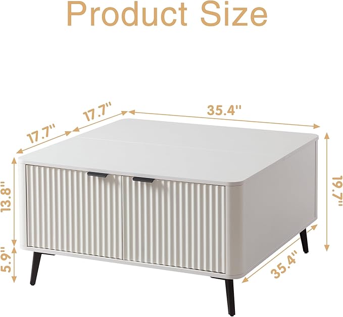 Lift Top Coffee Table with Storage, 35.4" Wide Square White Coffee Table with Large Hidden Compartment, Mid Century Modern Fluted Center Table for Home Living Room