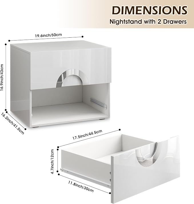 Modern Nightstand with 2 Drawers,Grey Night Stands with Circular Handle Design,Wood Bed Side Tables Bedroom,High-Gloss Side End Table for Bedroom, Living Room, and Small Spaces,Easy Assembly - Image 2