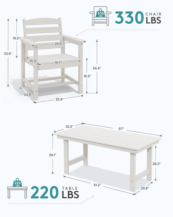 SERWALL Outdoor Dining Set for 6, HDPE Dining Furniture Set with Umbrella Hole Cut-Out Table and 1 Dining Bench and 4 Chairs, All Weather Outdoor Dining Bench Sets, White - Image 5
