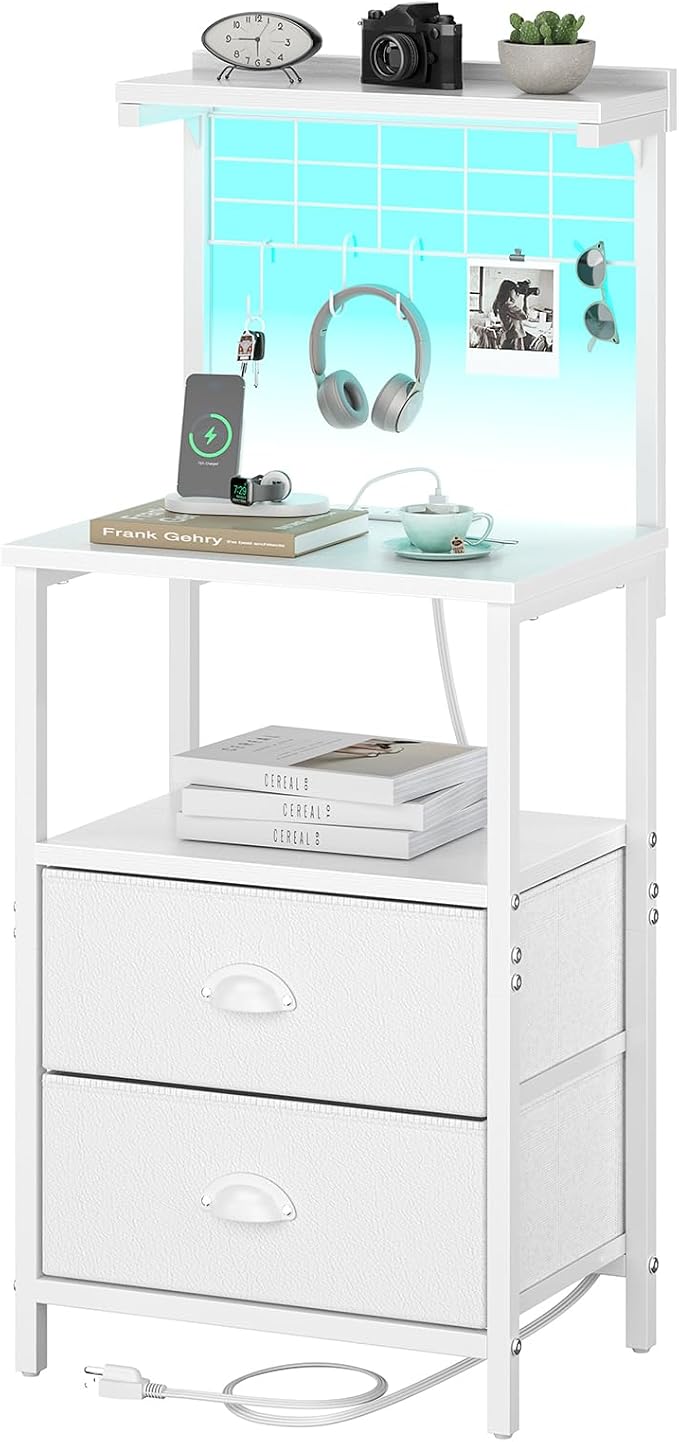 sthmec Tall Nightstands with Charging Station, LED Night Stand Bedsides with 2 PU Finish Fabric Drawers,Hooks,USB Port and Oepn Storage Shelves,Tall End Table Bedside for Bedroom,Office, White by Unknown